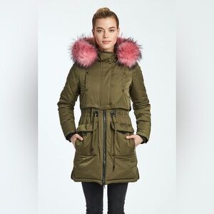 Noize Olive Green Ski Jacket with Pink Fur Trim